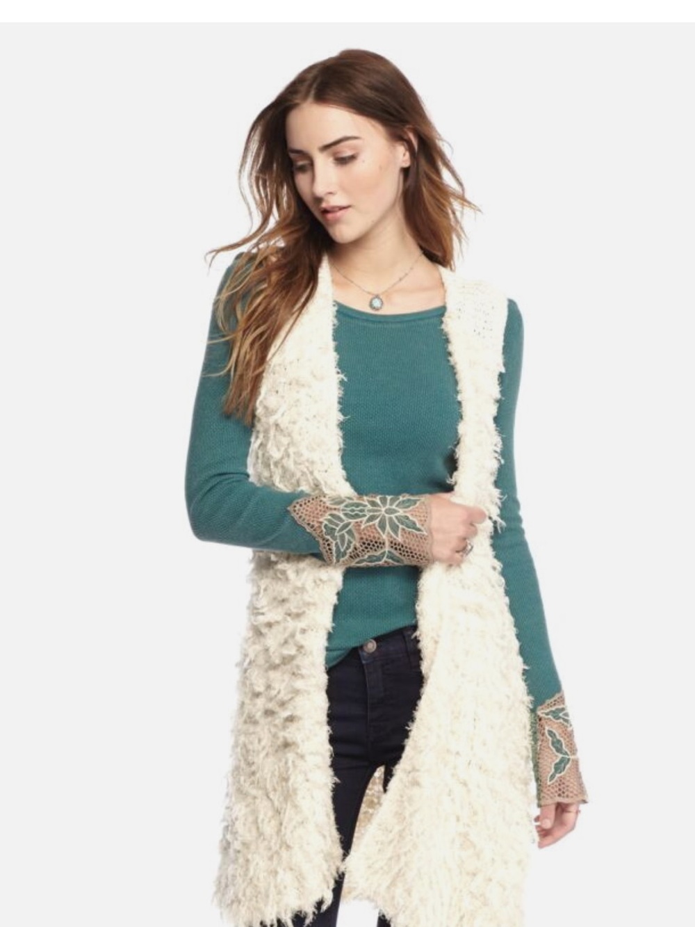 Free People White Faux-Fur Sleeveless Long Vest - Picture 2 of 16